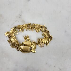 Vintage AJC‎ Noahs Ark Bracelet 7" Gold Tone Animals Linked Metal Jewelry